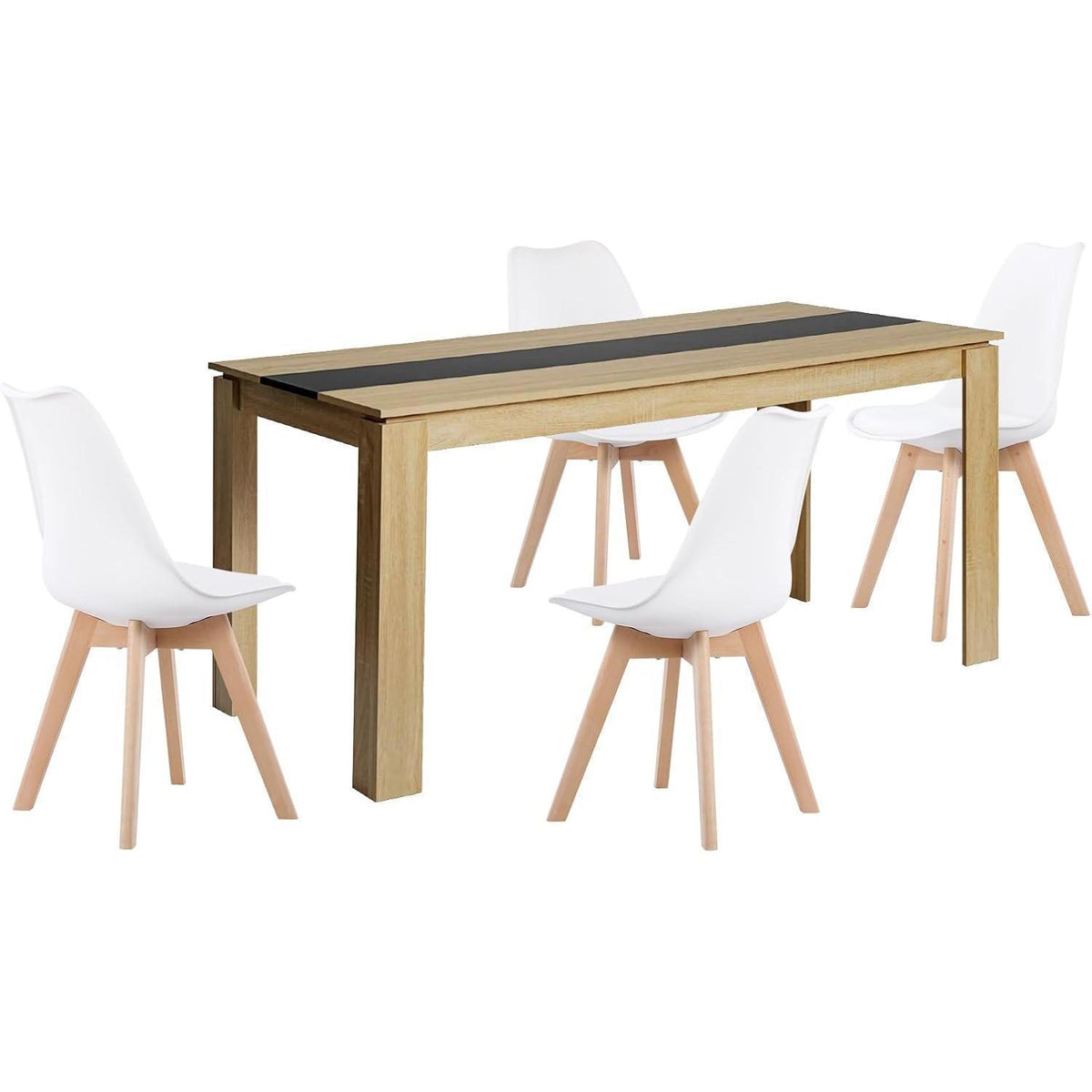 Esszimmergruppe Eiche-Schwarz 160cm mit 4 weißen Stühlen