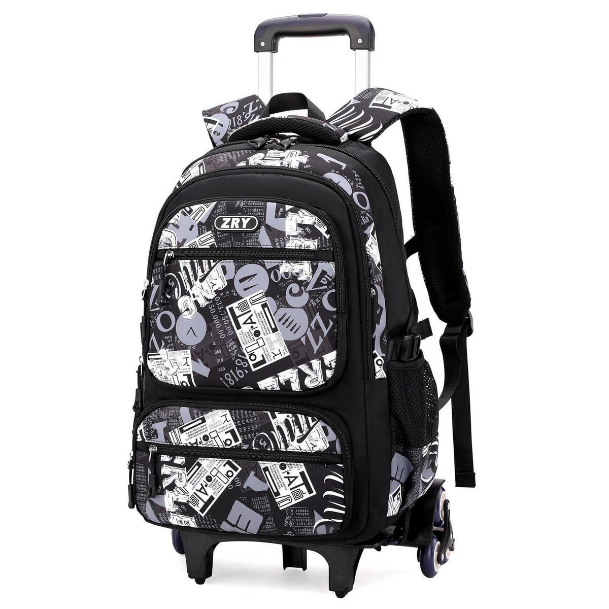 Trolley Schulrucksack Teenager, Abnehmbar, 6 Räder, Schwarz