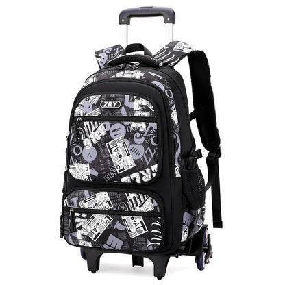 Trolley Schulrucksack Teenager, Abnehmbar, 6 Räder, Schwarz