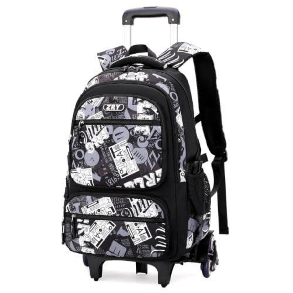 Trolley Schulrucksack Teenager, Abnehmbar, 6 Räder, Schwarz
