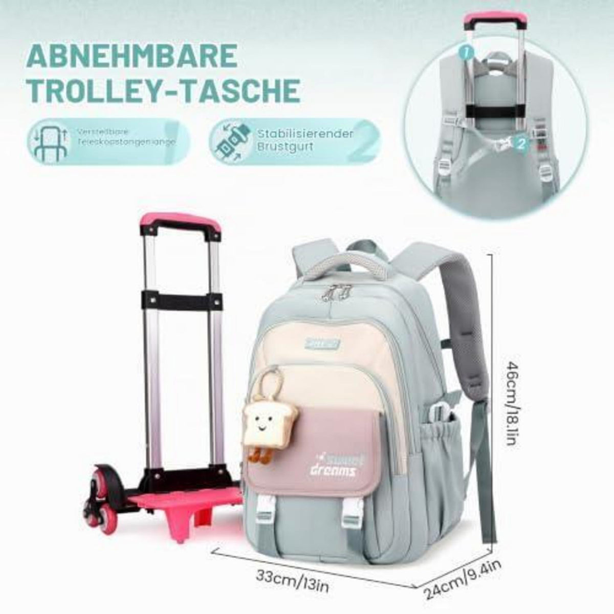 Grüner Schulrucksack Trolley für Mädchen & Teenager 36L