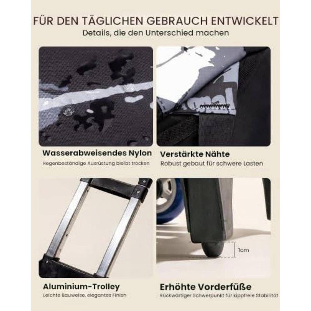 Trolley Schulrucksack Teenager, Abnehmbar, 6 Räder, Schwarz/Grau