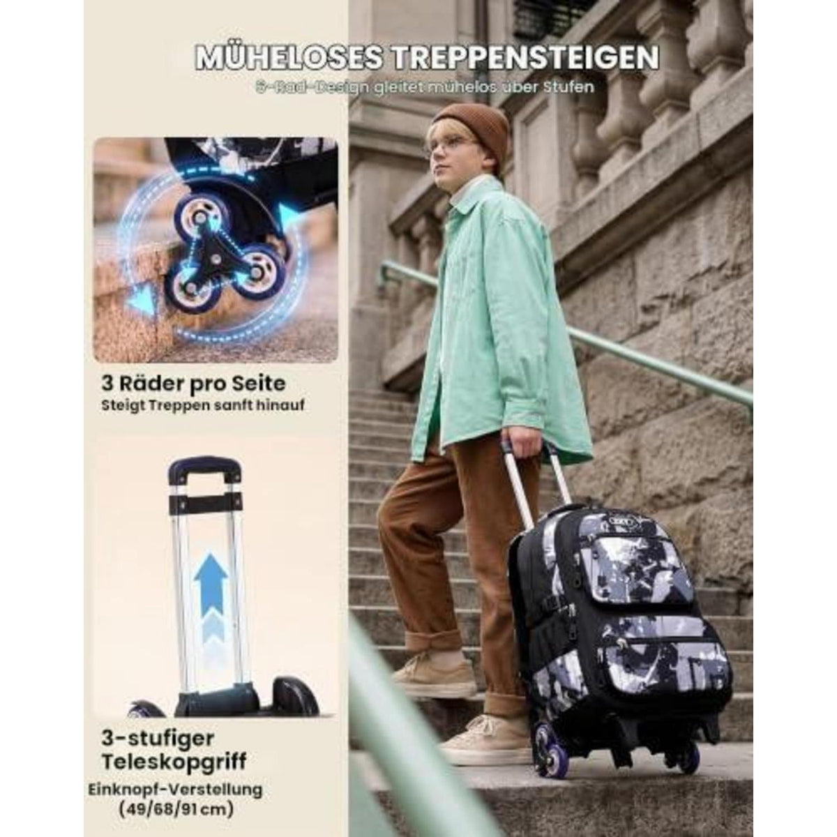 Trolley Schulrucksack Teenager, Abnehmbar, 6 Räder, Schwarz/Grau