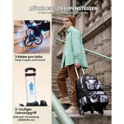 Trolley Schulrucksack Teenager, Abnehmbar, 6 Räder, Schwarz/Grau