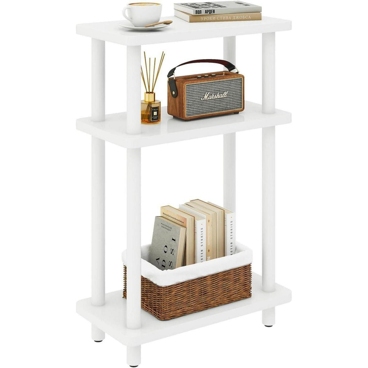 Schmaler Beistelltisch 3-stufig mit Ablage, 40x18x62,5cm, Weiß