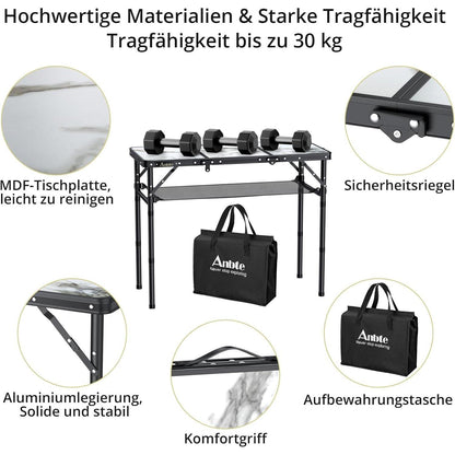Klapptisch Aluminium 88x40cm 3 Höhen, Marmor Weiß