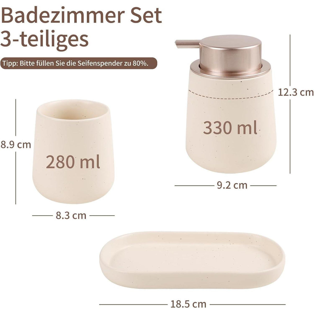 Keramik Badezimmer Set Beige – 3-teilig mit Seifenspender