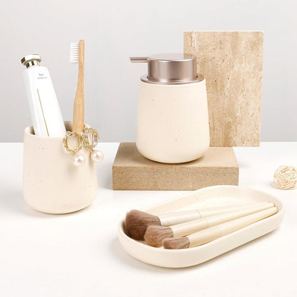 Keramik Badezimmer Set Beige – 3-teilig mit Seifenspender