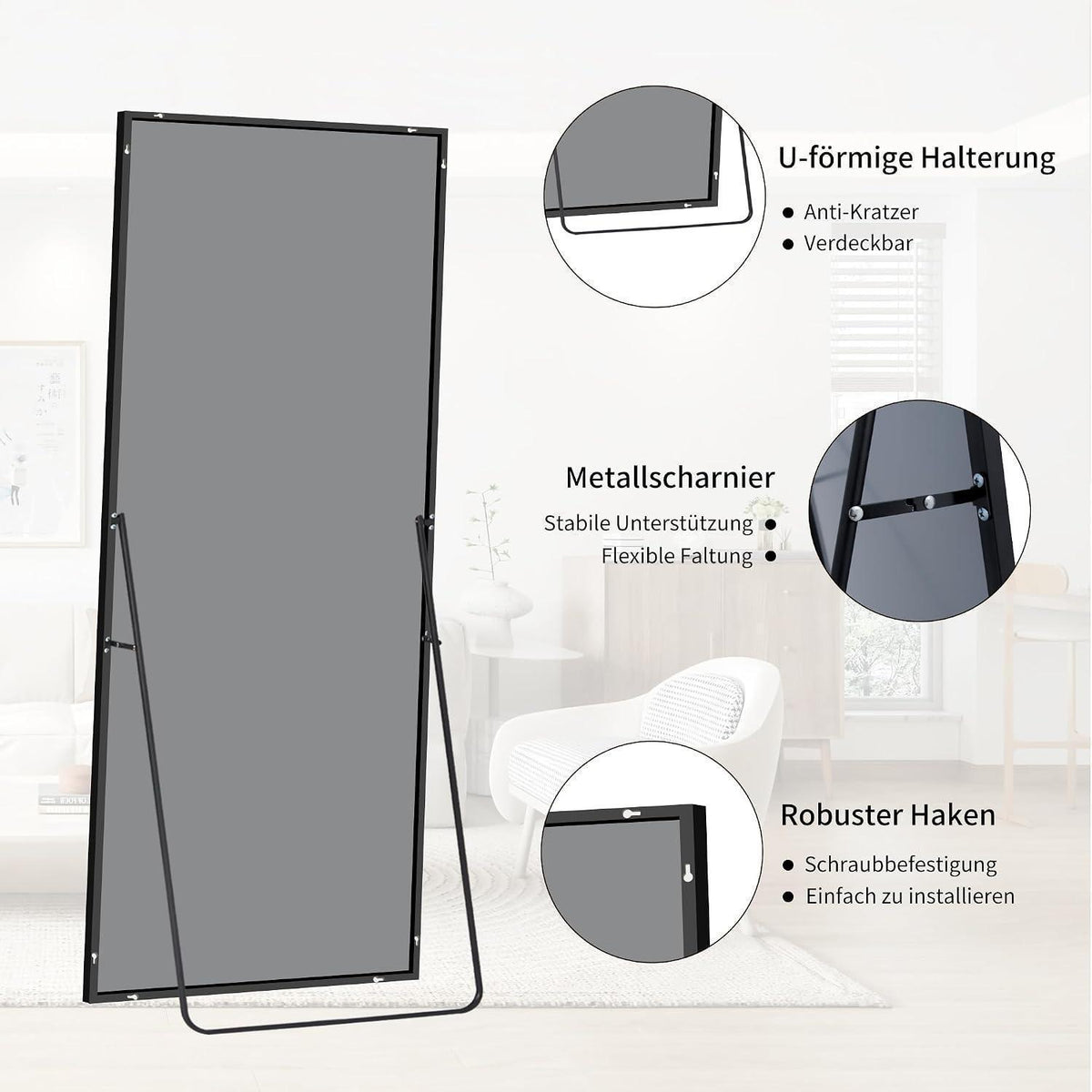 Ganzkörperspiegel 179x65cm Standspiegel mit schwarzem Aluminiumrahmen