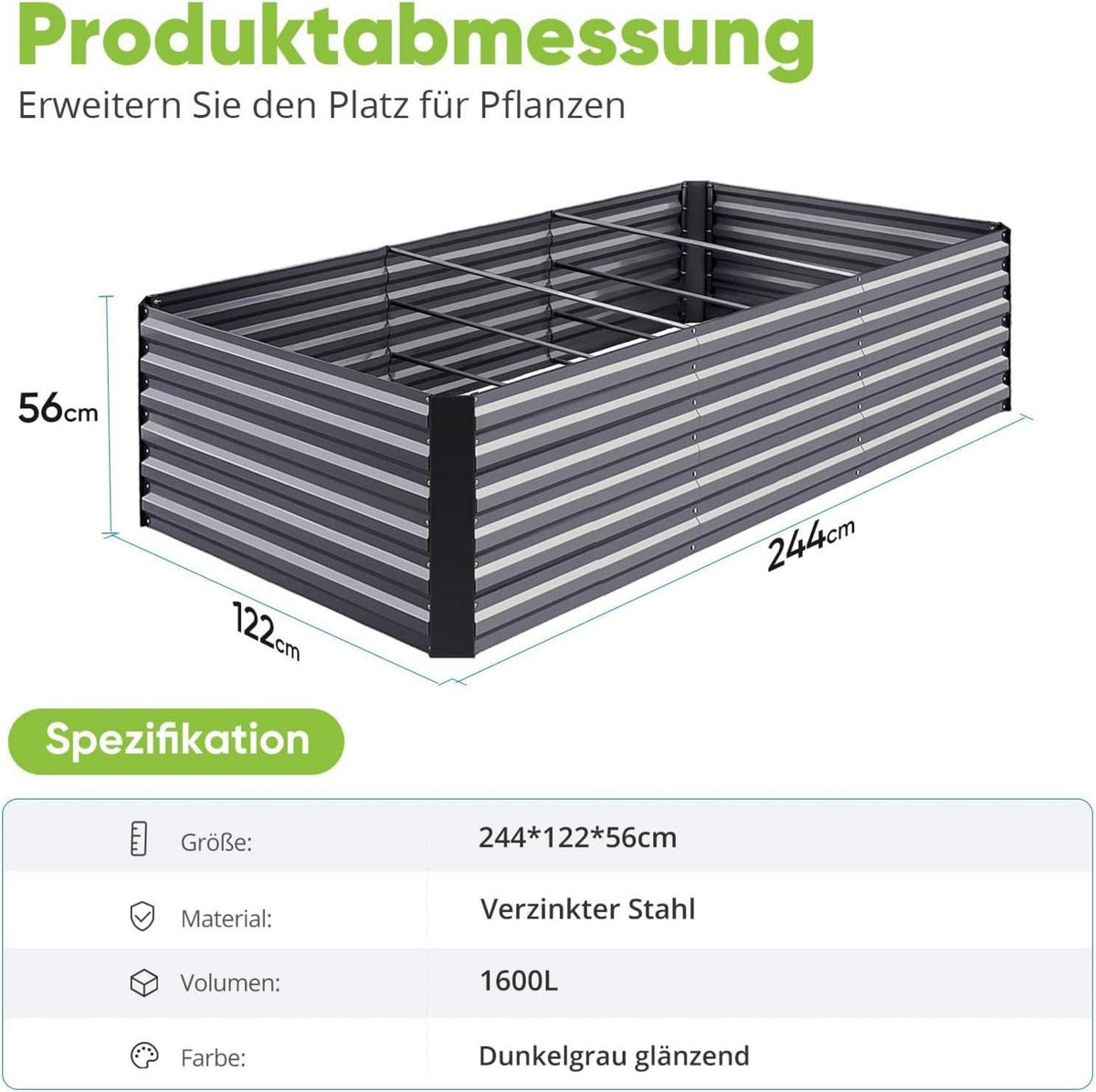Quictent Hochbeet Metall 244x122x56cm Pflanzkasten Tomatenkäfig Grau