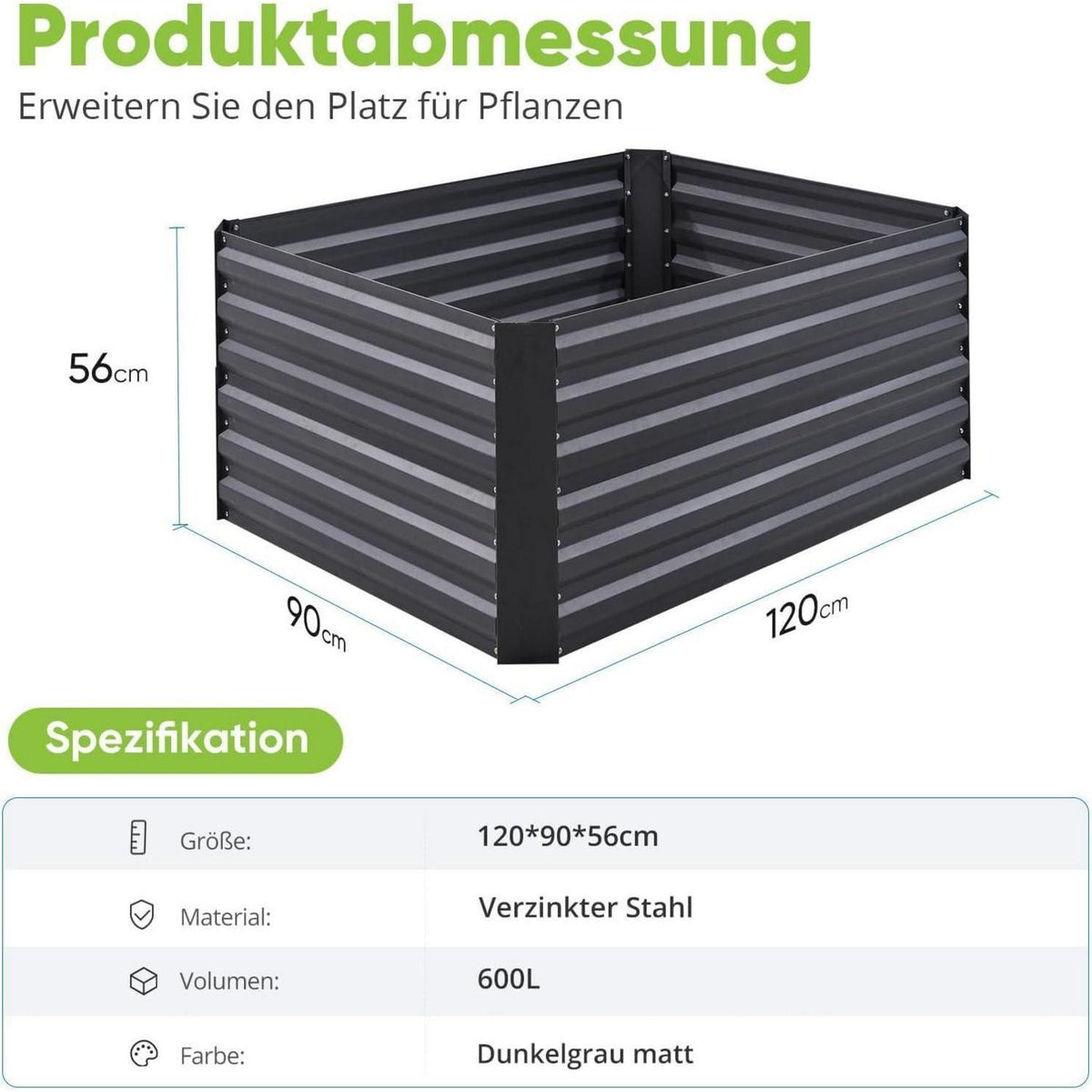 Hochbeet Metall 120x90x56cm mit Tomatenkäfigen Grau