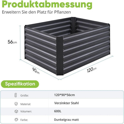 Hochbeet Metall 120x90x56cm mit Tomatenkäfigen Grau