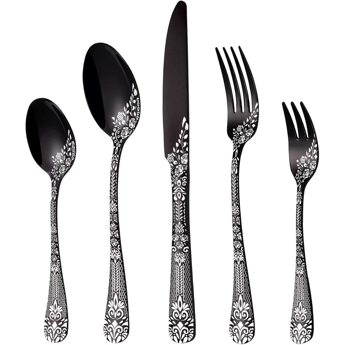 30-teiliges Besteckset Schwarz für 6 Personen, Edelstahl, Blumenmuster