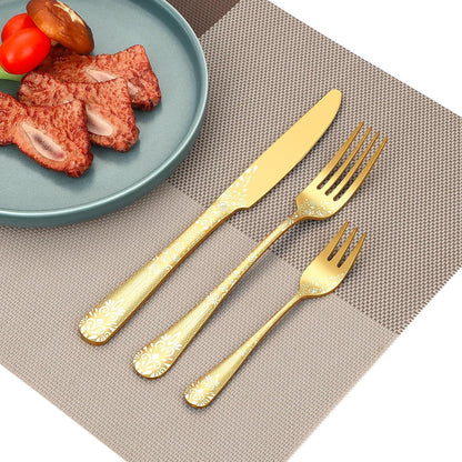 30-teiliges Besteckset Gold für 6 Personen mit Blumenmuster