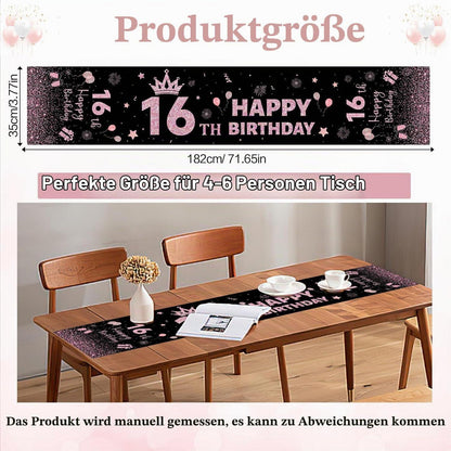 Tischläufer 16 Geburtstag Schwarz-Rosa – Leinenoptik