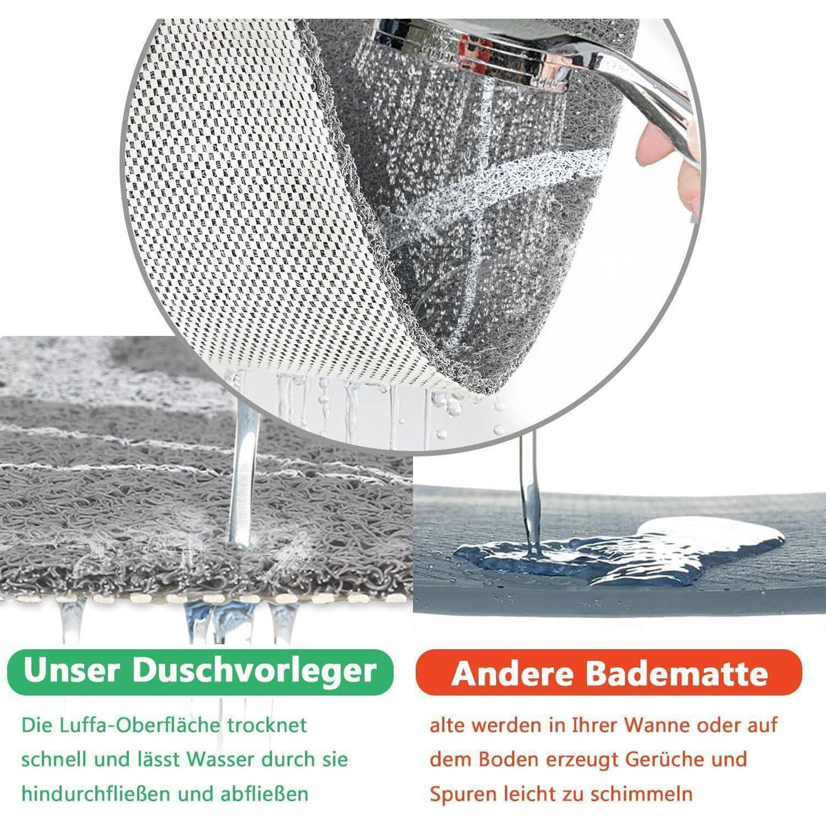 Rutschfeste Duschmatte 80x80 cm - Weiche Massage Matte Grau