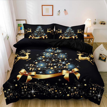 Weihnachts Bettwäsche Set 155x220 cm Schwarz Gold mit Hirsch