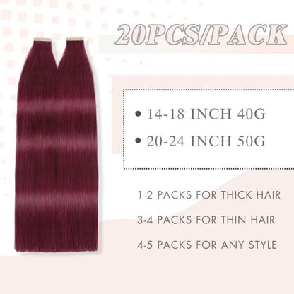 Echthaar Tape Extensions Burgunderrot 40cm (16 Zoll)