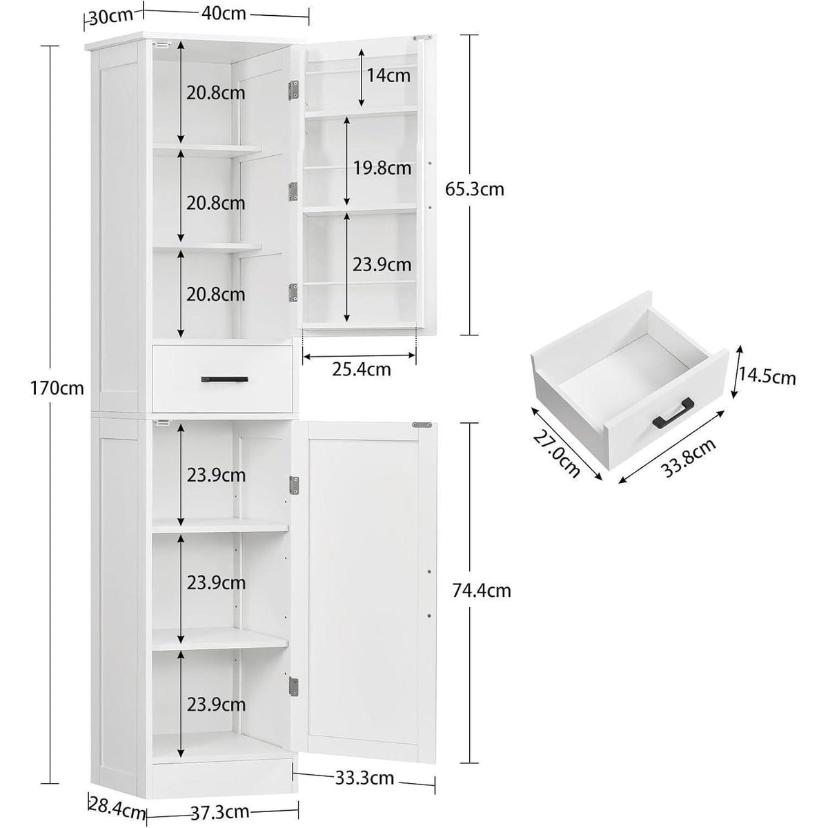 Hoch Küchenschrank mit verstellbaren Böden & Türfächern, 170cm