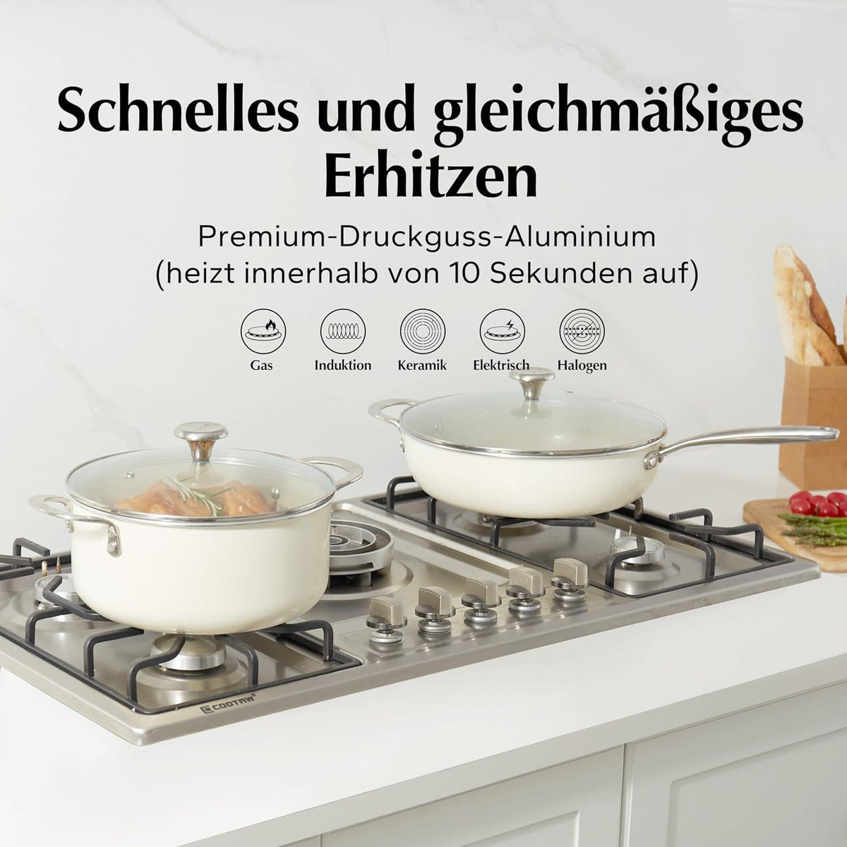 Pfannenset 14-Teilig Keramik Induktion Edelstahlgriff Antihaft