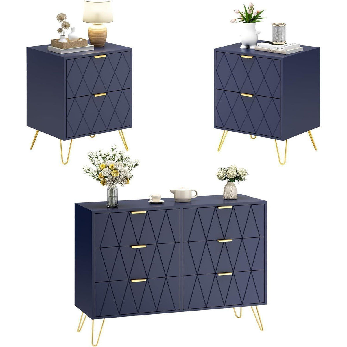 Blaues Schlafzimmer-Set: Kommode & 2 Nachttische im skandinavischen Stil