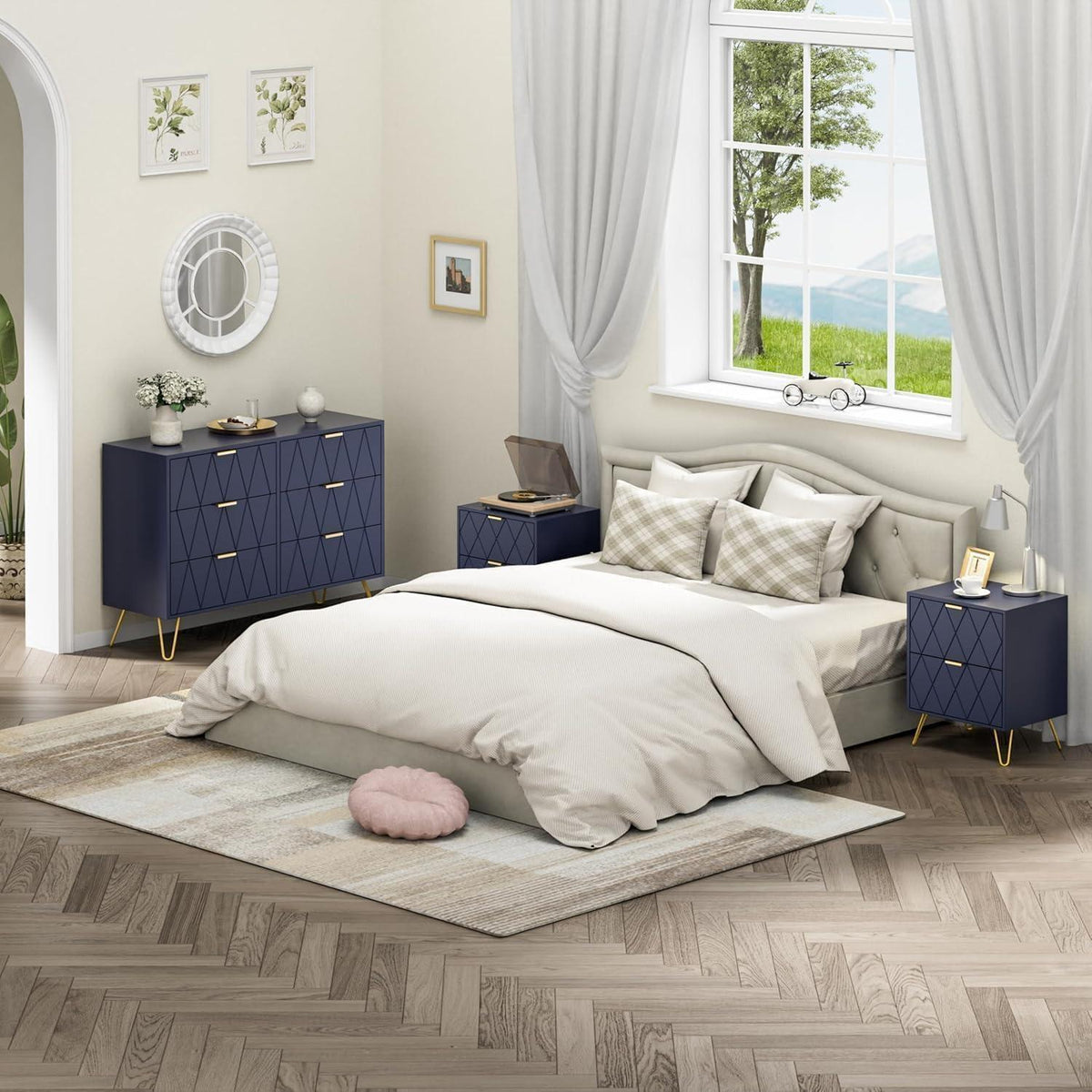 Blaues Schlafzimmer-Set: Kommode & 2 Nachttische im skandinavischen Stil