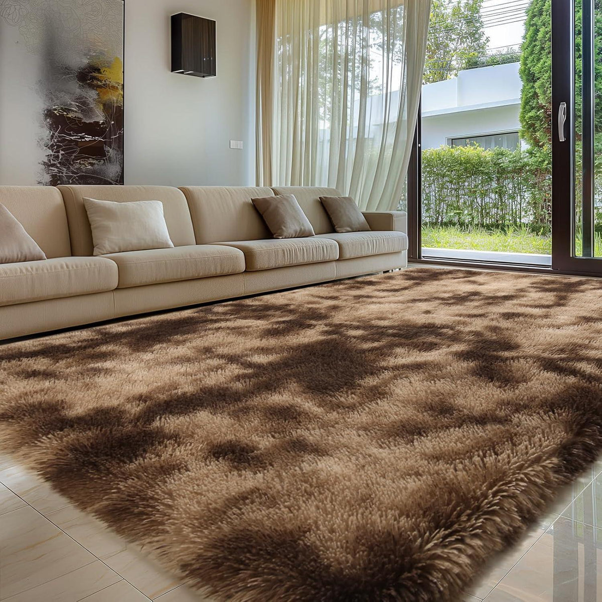 Hochflor Teppich Braun 240x340 – Flauschiger Wohnzimmerteppich Waschbar