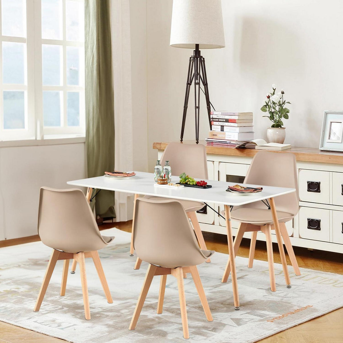 Esszimmergruppe 160x80cm Weiß mit 4 Khaki Stühlen