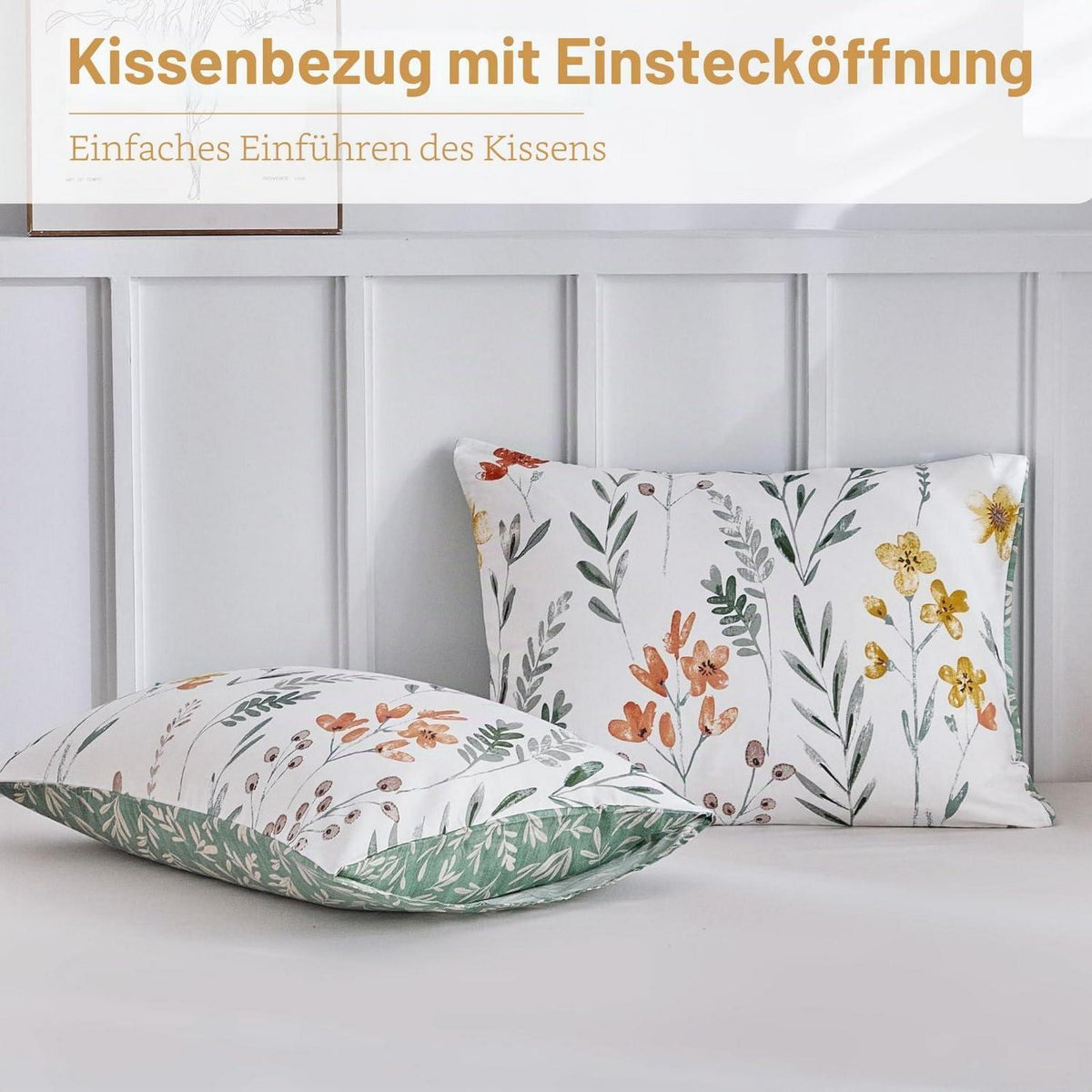 Baumwollbettwäsche-Set 135/150 cm – Zweig-Blatt-Motiv Weiß/Grün