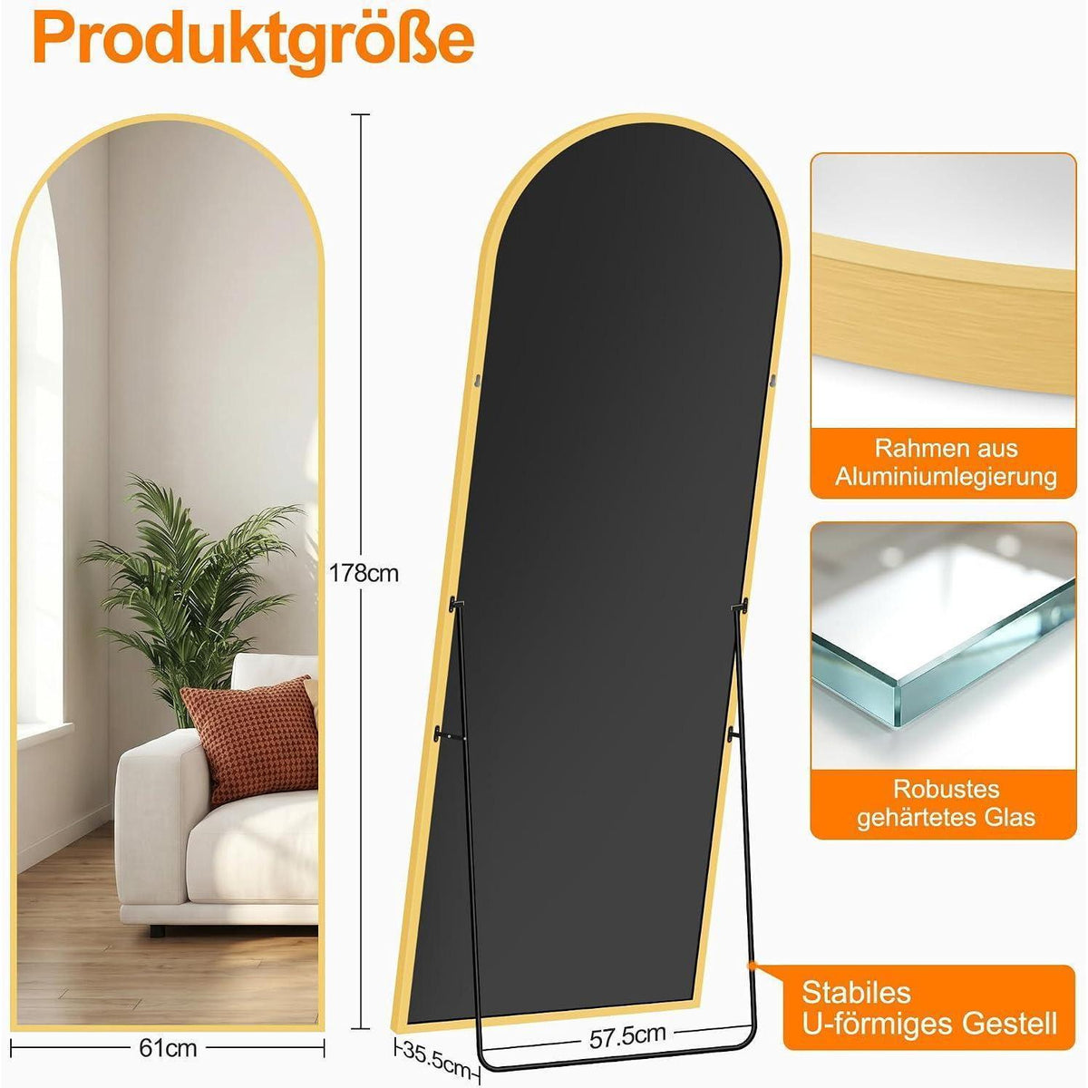 Ganzkörperspiegel 175x60cm – Stand- & Wandspiegel Schwarz Gold