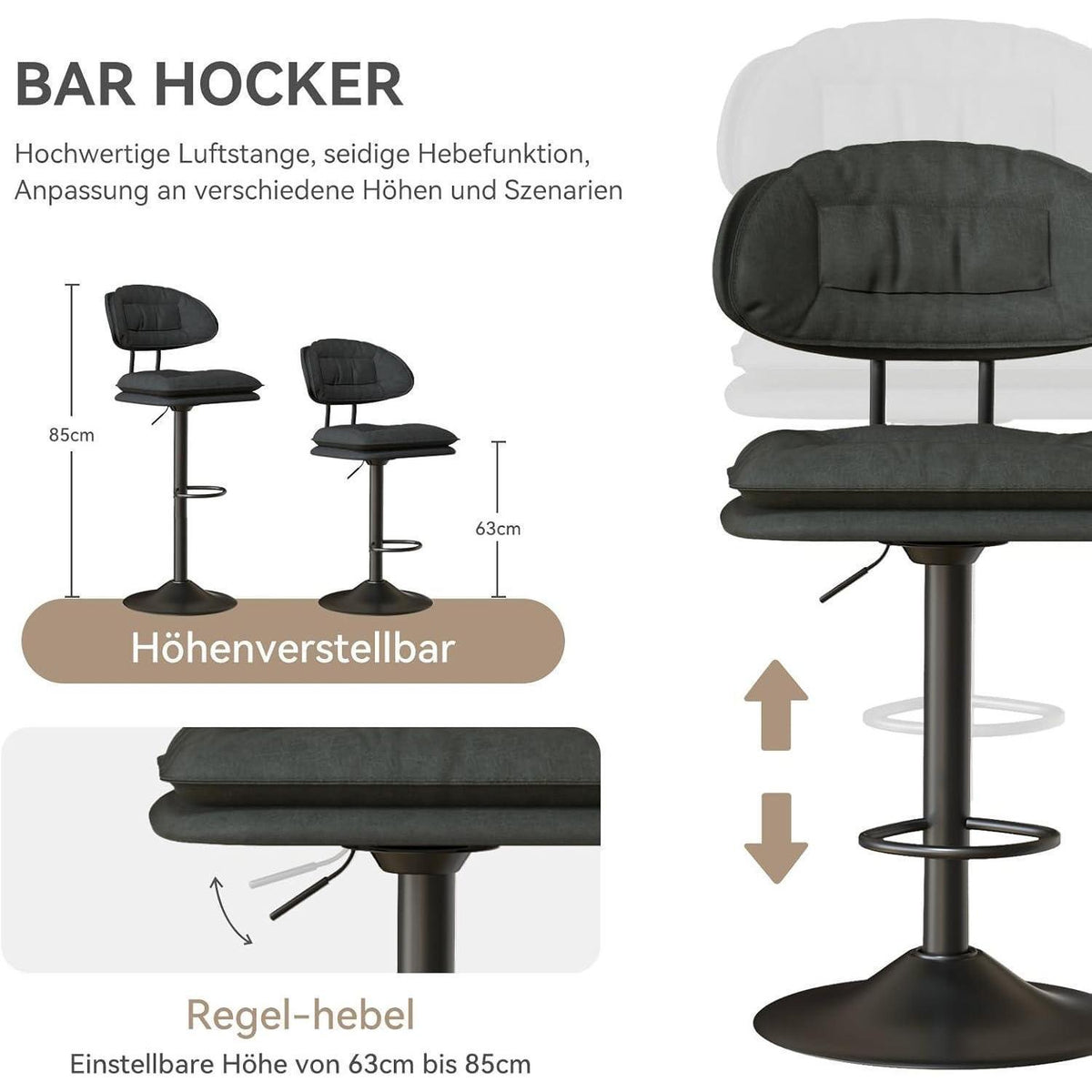 Barhocker Set 4er – Ergonomisch & Verstellbar Dunkelgrau
