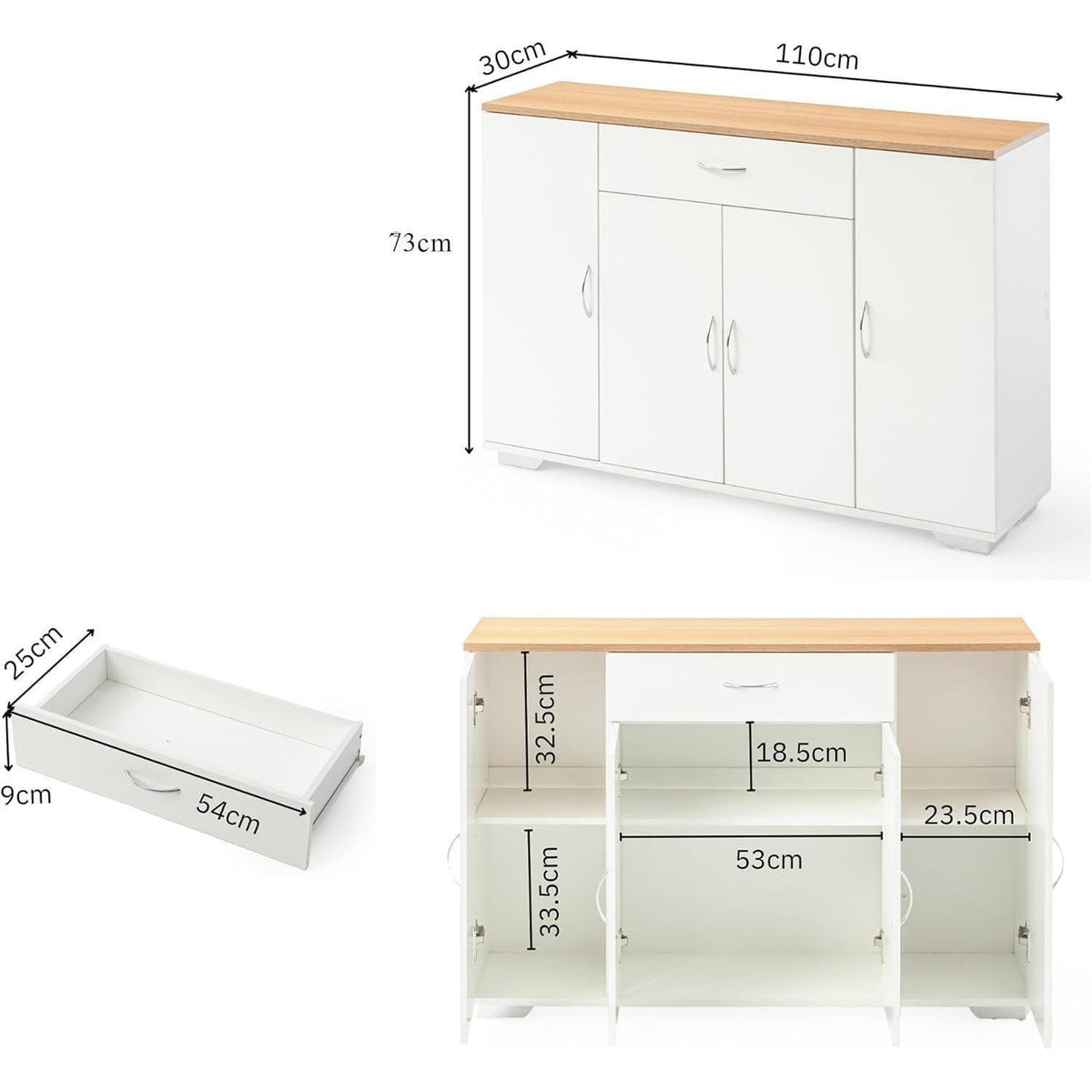 Kommode 110cm Eiche & Weiß mit Schubladen & Türen