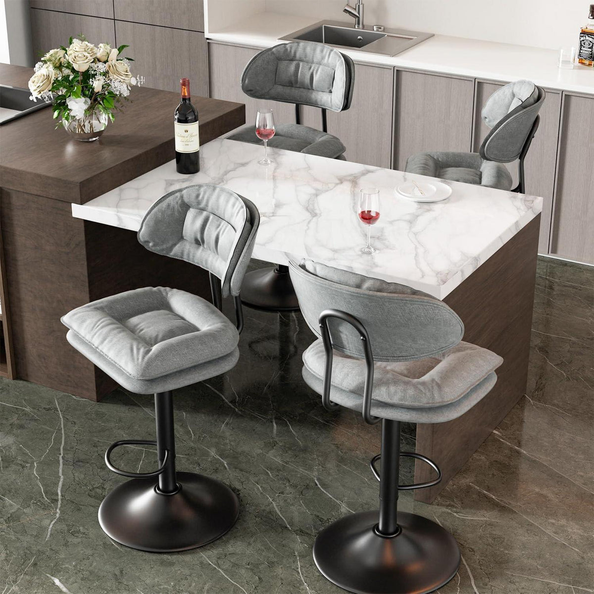 Barhocker Set 4er – Gepolstert & Verstellbar – Hellgrau