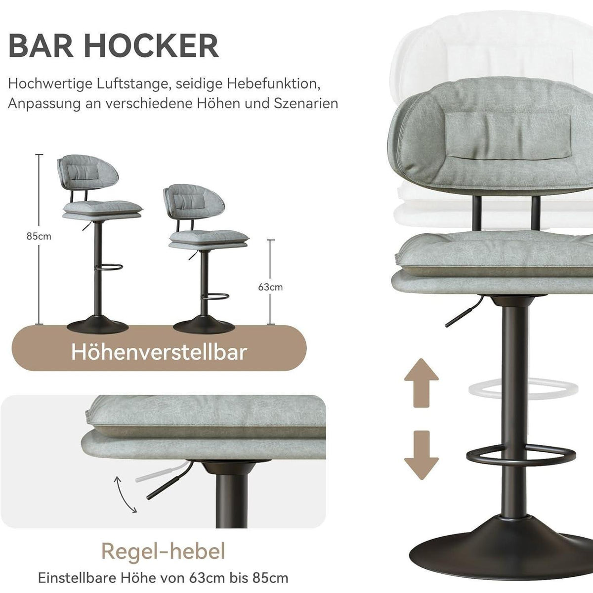 Barhocker Set 4er – Gepolstert & Verstellbar – Hellgrau