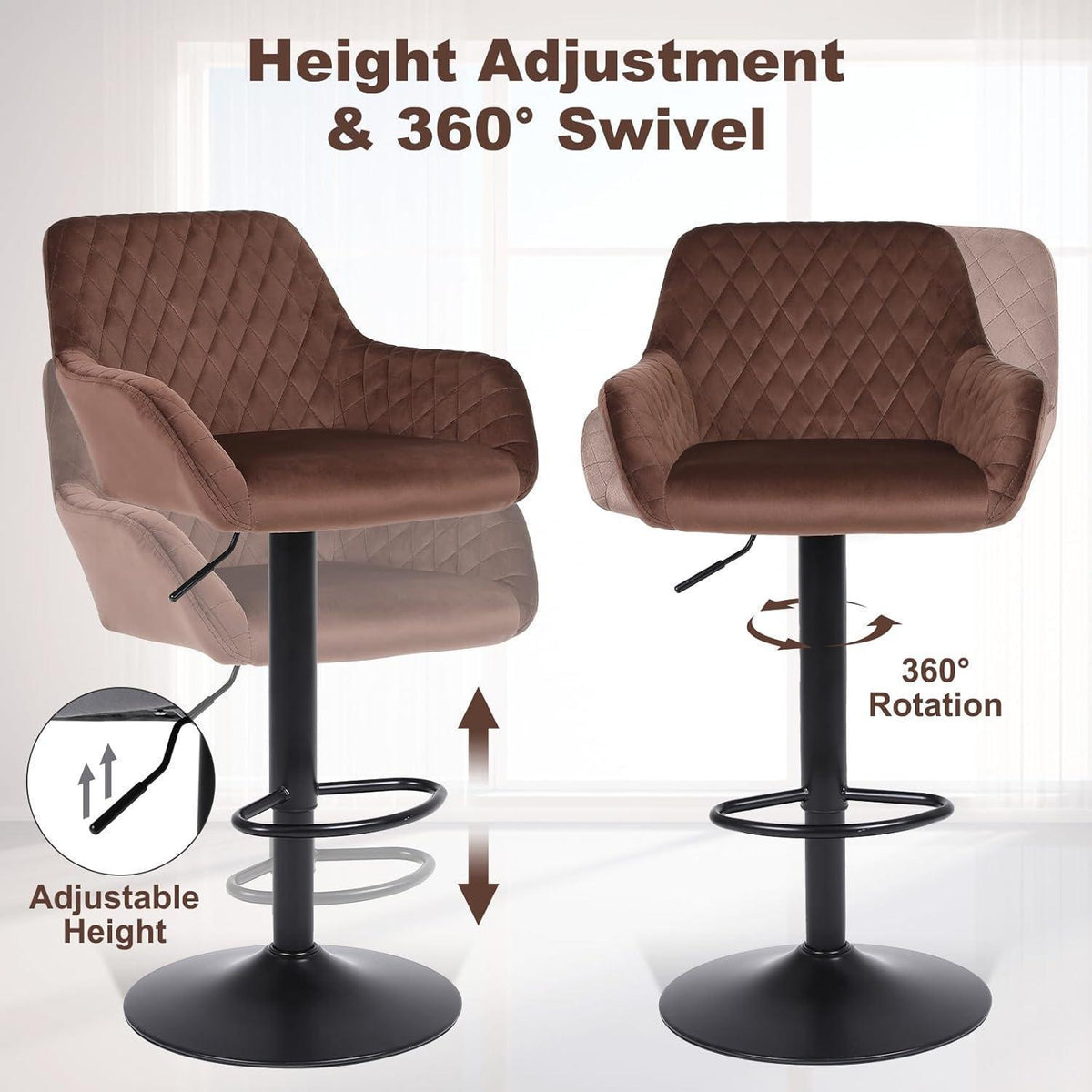 Barhocker Set 4er – Höhenverstellbar, Samt, Braun