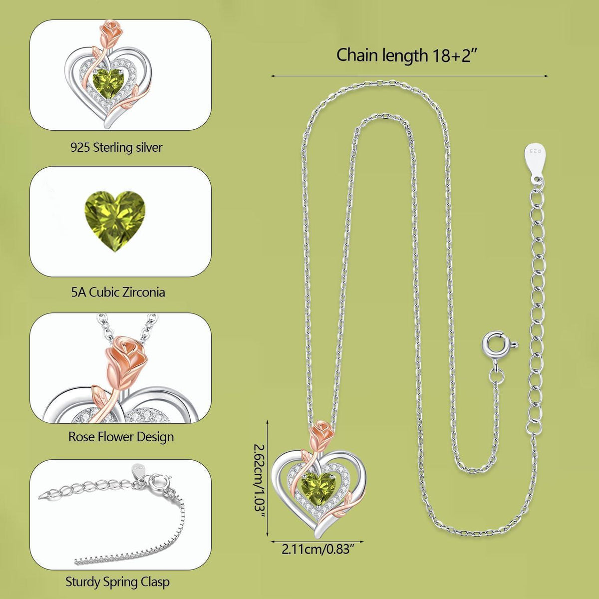 Silber Halskette Damen Herz Rose Geburtsstein Kette 925 Sterling Silber