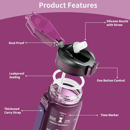 Trinkflasche 750ML BPA-Frei mit Strohhalm und Zeitmarkierung Rose