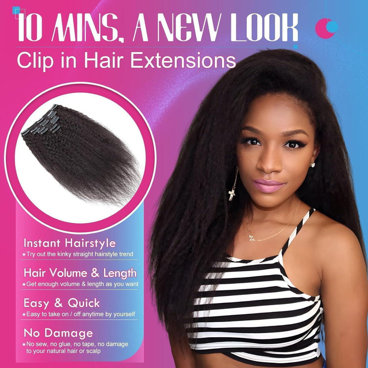Clip-in Haarverlängerung Echthaar Afro Kinky Straight Schwarz