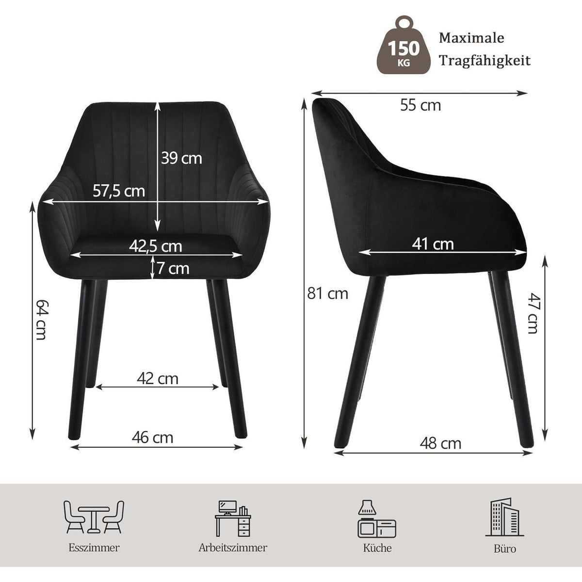 Esszimmerstühle Samt Schwarz mit Holzbeinen & Armlehnen 6er Set