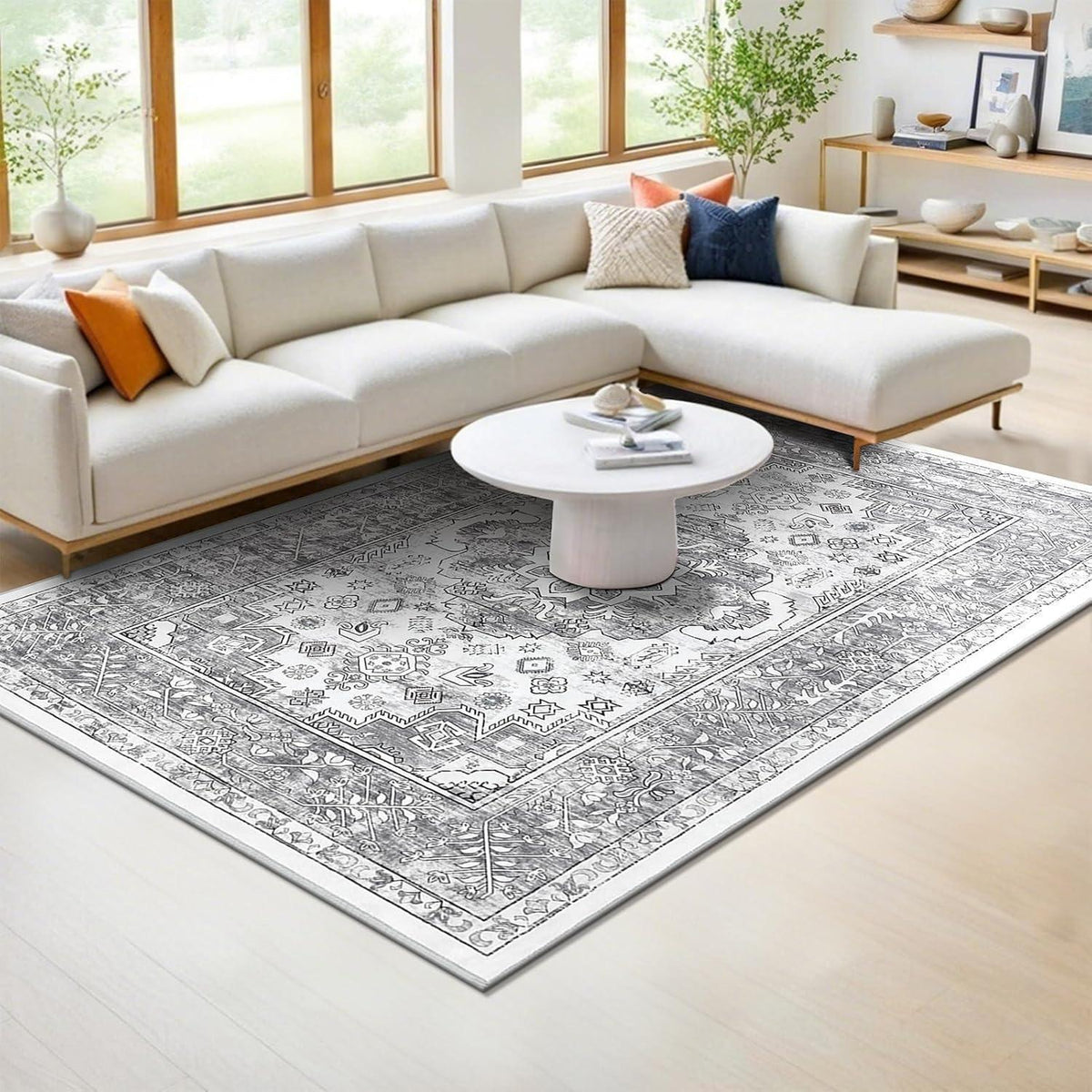 Boho Teppich 160x230cm Grau, rutschfest & waschbar