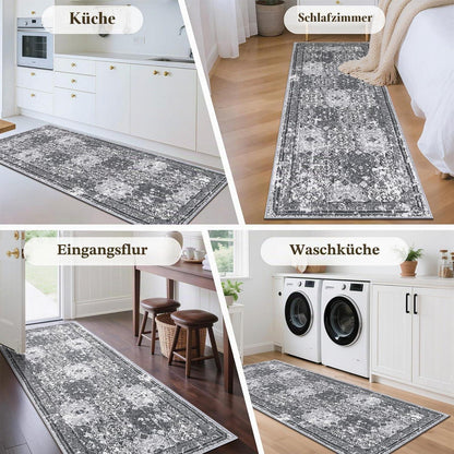 Läufer Teppich 80x300cm Boho Vintage Rutschfest Grau