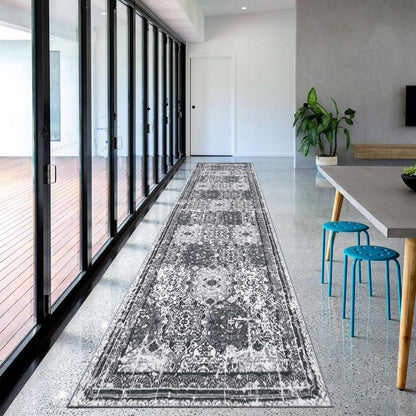 Läufer Teppich 80x300cm Boho Vintage Rutschfest Grau
