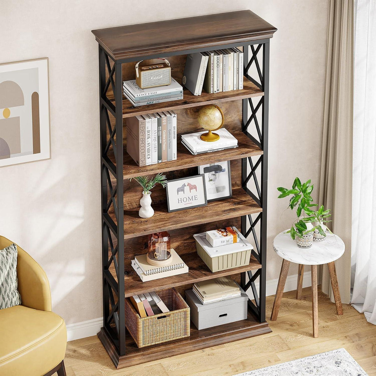 6-stöckiges Bücherregal Holz mit Metallrahmen – Industrie-Design Braun