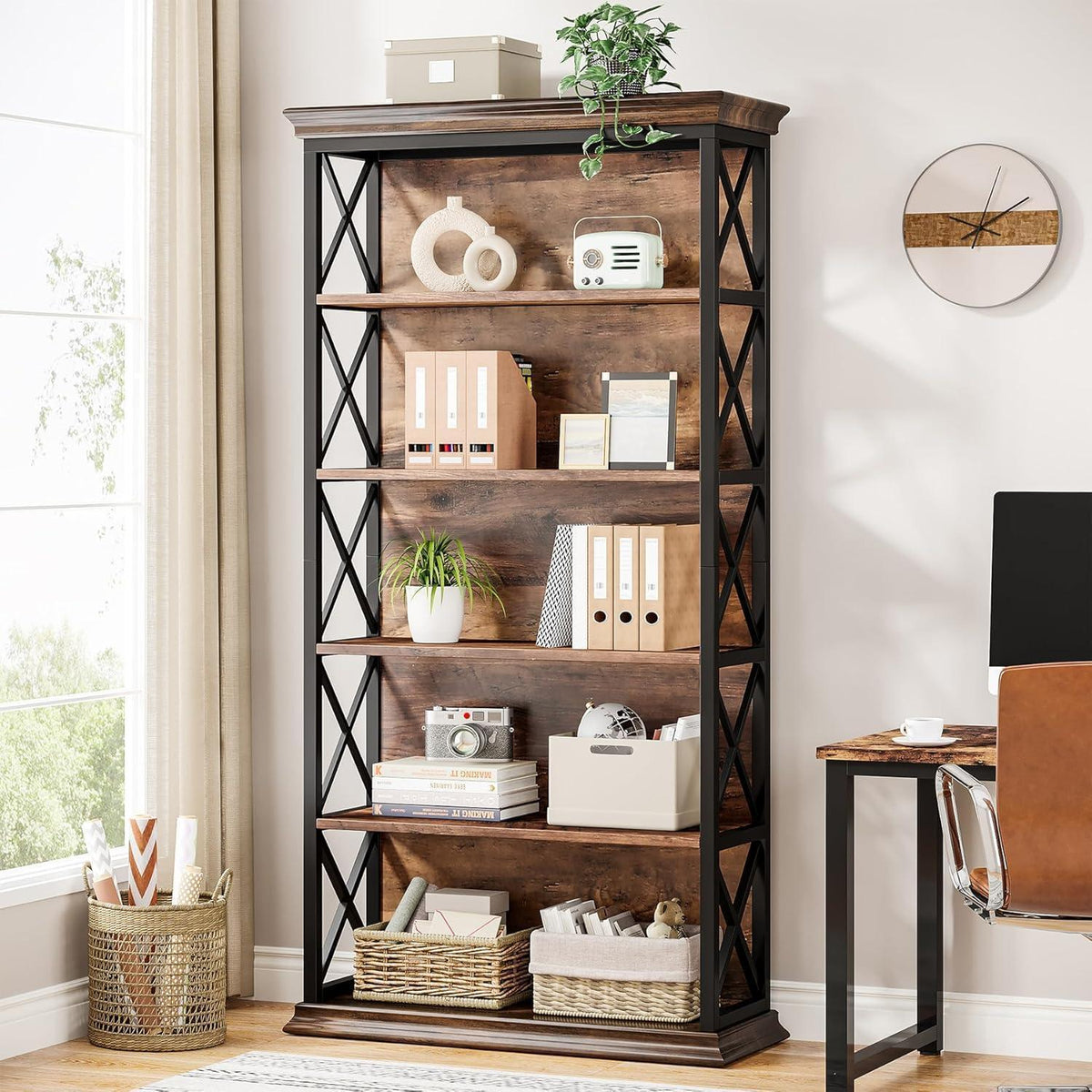 6-stöckiges Bücherregal Holz mit Metallrahmen – Industrie-Design Braun