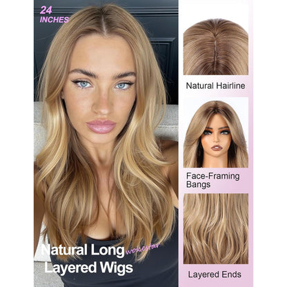 Lange Ombre Blonde Perücke mit Fransen – Synthetisch & Hitzebeständig