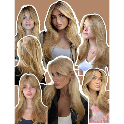 Lange Ombre Blonde Perücke mit Fransen – Synthetisch & Hitzebeständig