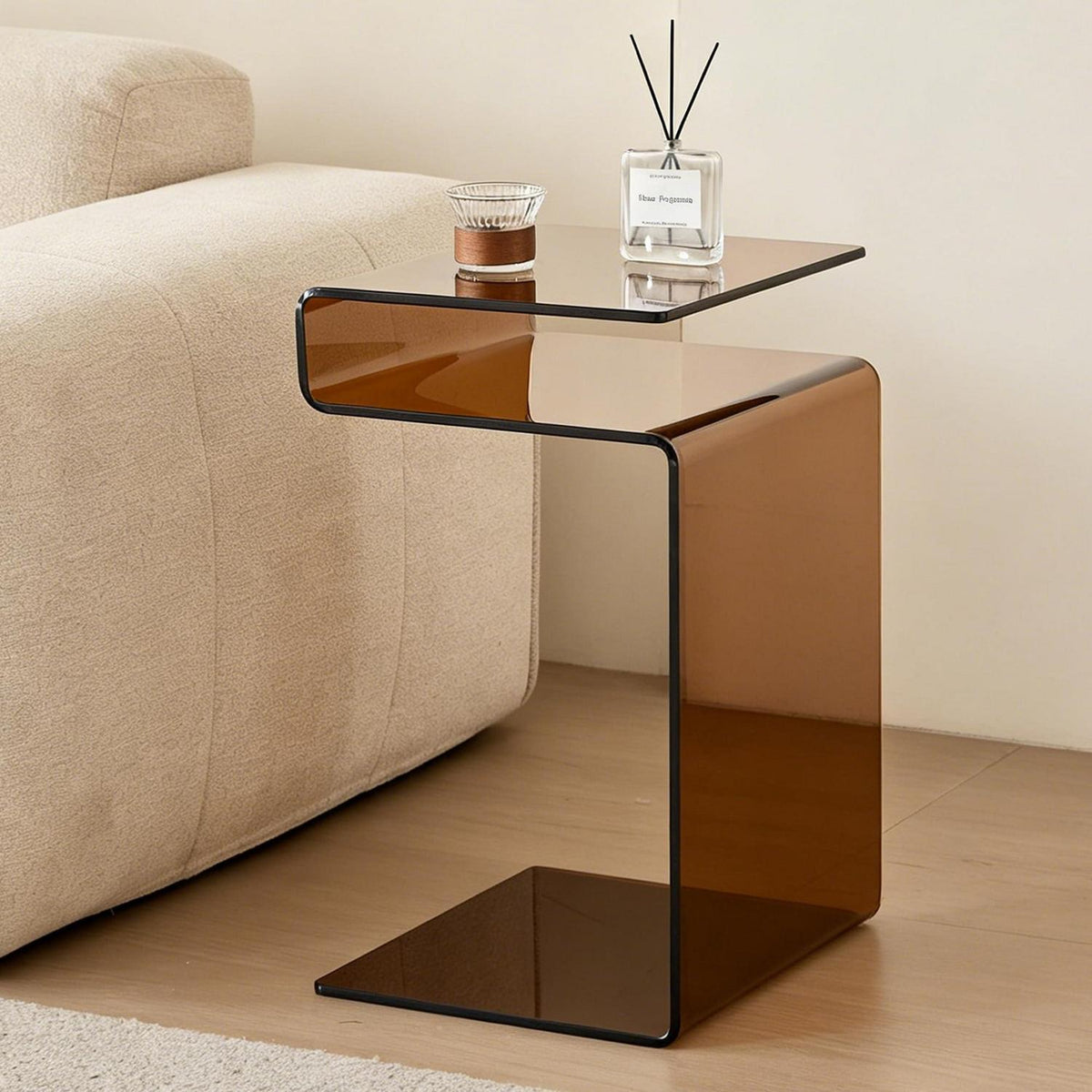 Glas Beistelltisch S-Form Braun – Nachttisch Wohnzimmer Schlafzimmer