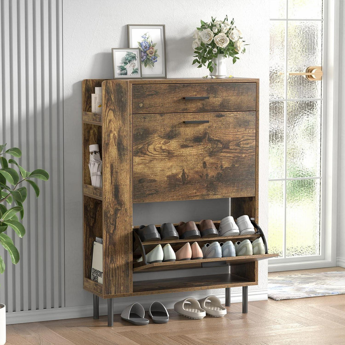 Schuhschrank Braun mit 2 Klappen & 1 Schublade – Platz für 12-16 Paar