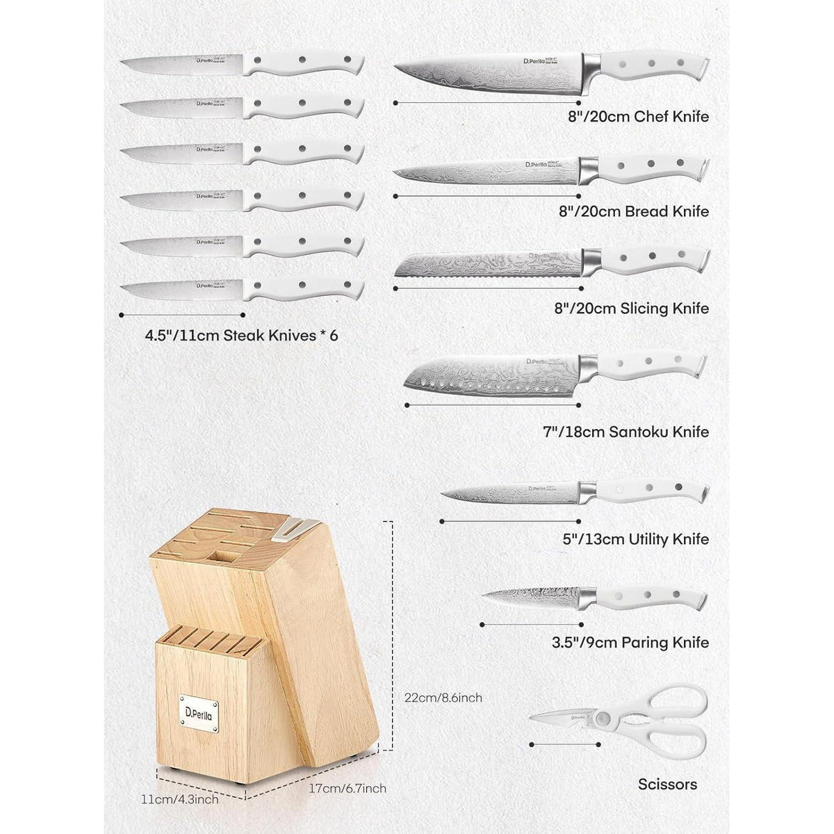 Messerblock Set 14-teilig mit Selbstschärfer, Edelstahl, Holzblock Weiß