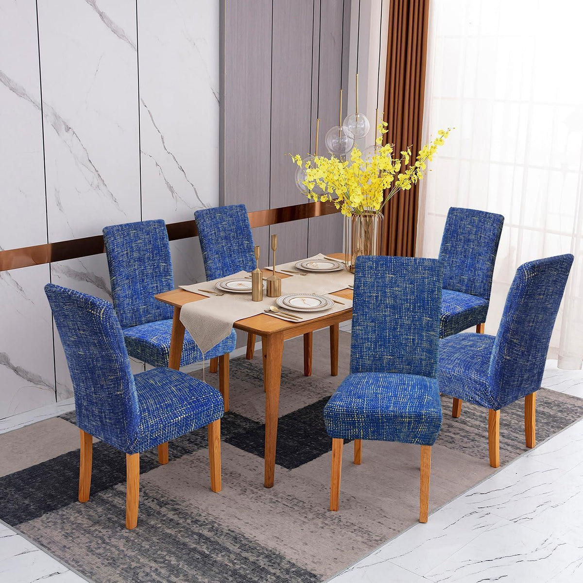 Stuhlhussen 6er Set Stretch Blau – Waschbar & Abnehmbar